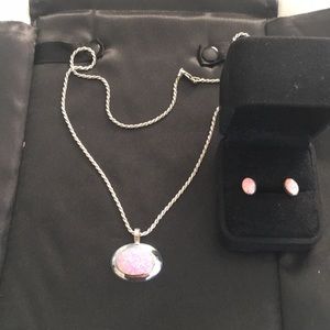 Sterling Pink opal pendant, chain and earrings